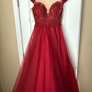 Terani Couture Scarlet Lace Prom Gown